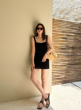 SOTHEA重工植绒韩国钩花蕾丝方领背心OP小黑裙法式小A裙子连衣裙