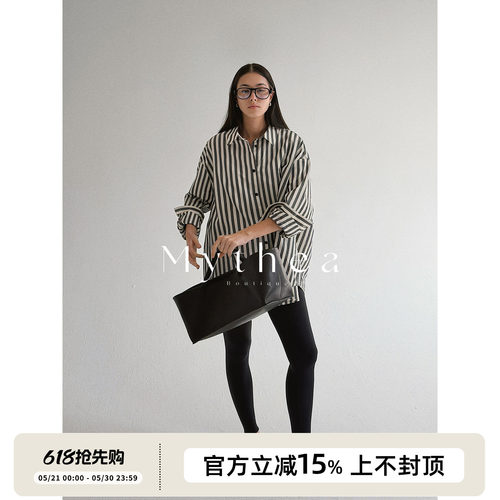 SOTHEA 春季新款男友风棉麻复古黑白条纹廓形衬衫气质衬衣外套