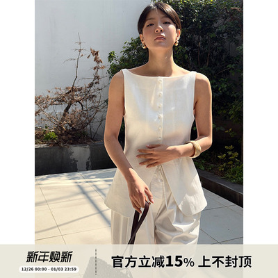 SOTHEA 法式松弛感 2025年夏季亚麻一字领背心马甲上衣短裤两件套