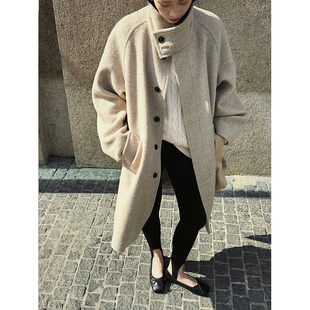 SOTHEA秋冬时髦风全羊毛JI简立领设计插肩袖 毛呢大衣外套女 中长款