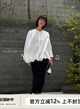 SOTHEA 松弛感荃棉圆领捏褶八分袖廓形衬衫