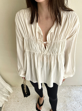 SOTHEA法式波西米亚风宽松慵懒气质V领衬衫女夏 韩国人丝抽褶上衣