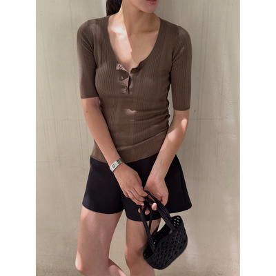 SOTHEA 法式U领夏季坑条修身显瘦螺纹短袖套头针织衫百搭上衣女