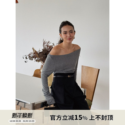 SOTHEA 气质一字领修身显瘦露肩长袖打底TEE秋冬内搭T恤上衣