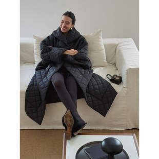 SOTHEA 过膝棉服棉服棉袄保暖外套 时髦極简风大翻领廓形绗格长款