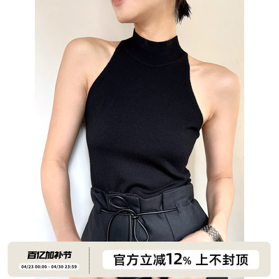 直角肩美丽奴羊毛半高领针织背心