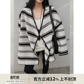 SOTHEA 静奢气质秋冬条纹高级亚麻感羊毛斗篷廓形毛呢大衣外套女