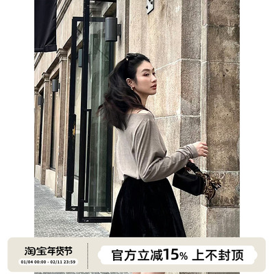 SOTHEA 时髦慵懒感韩国进口早秋新款针织打底一字领露肩长袖T恤女