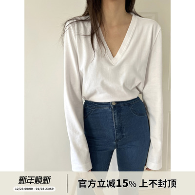 V领设计厚款全棉落肩打底T恤