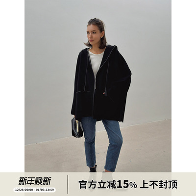 SOTHEA  秋冬羊驼毛双面呢拼皮连帽斗篷毛呢设计感时尚呢子外套