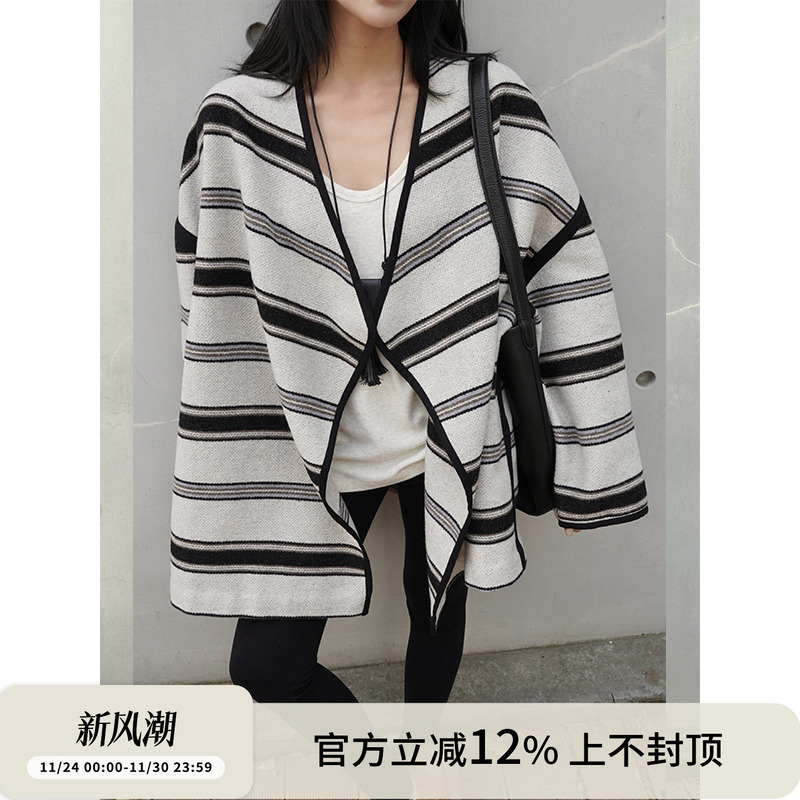 静奢条纹亚麻感羊毛斗篷廓形大衣