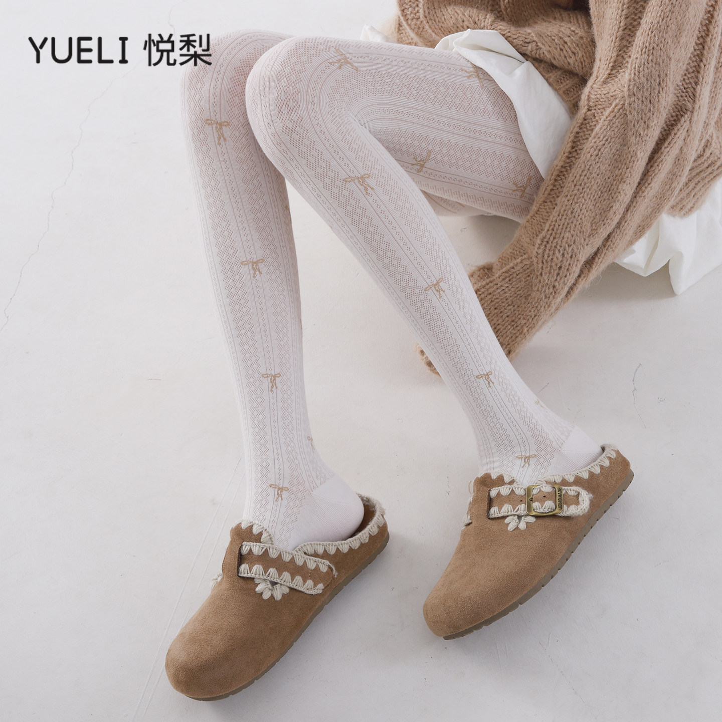 甜系lolita蝴蝶结白色打底袜女春季新款竖纹菱格微透连裤袜白丝袜