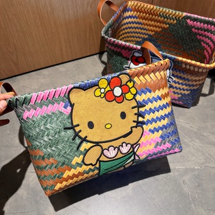 kt猫咪编织收纳筐仿藤编零食玩具筐卧室浴室脏衣篮衣服收纳筐车载