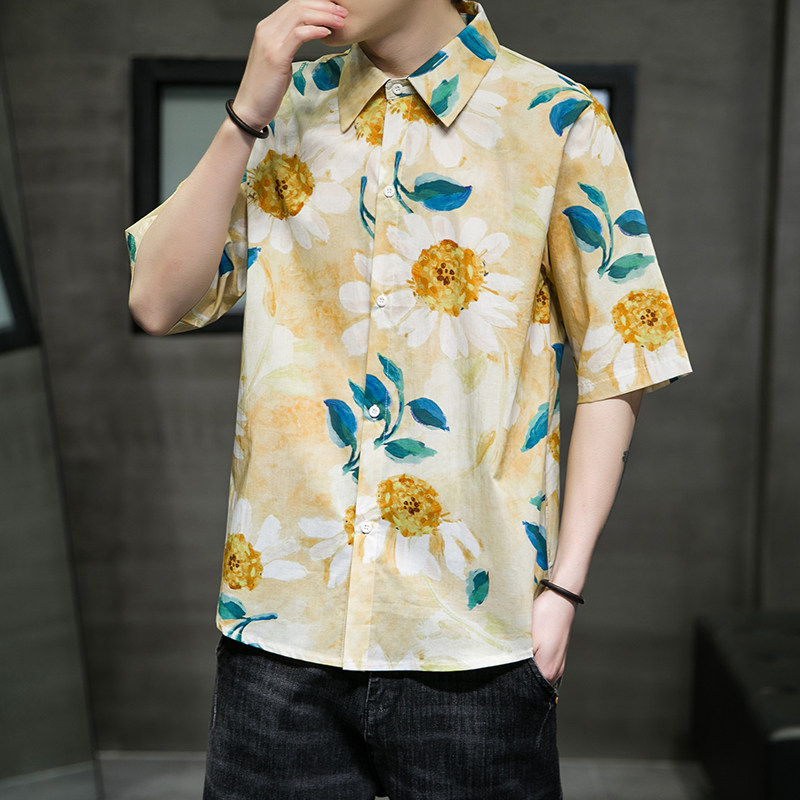 大码短袖衬衫免烫宽松潮花衣服夏休闲刺绣T恤QT4066-T2118,男装衬衫,电商A227