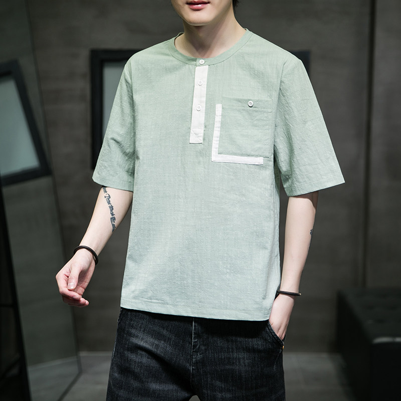 男士夏季短袖T恤棉麻风大码潮印花刺绣透QT4066-T2102，男装T恤，电商A227