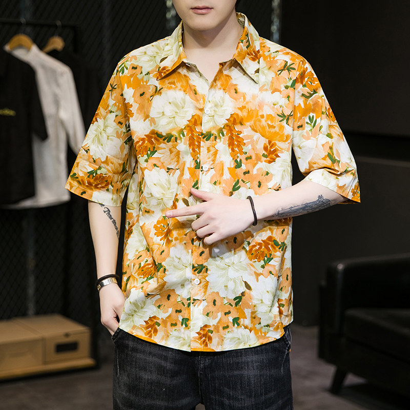 大码短袖衬衫免烫宽松潮花色夏款休闲刺绣T恤QT4066-T2118,男装衬衫,电商A227