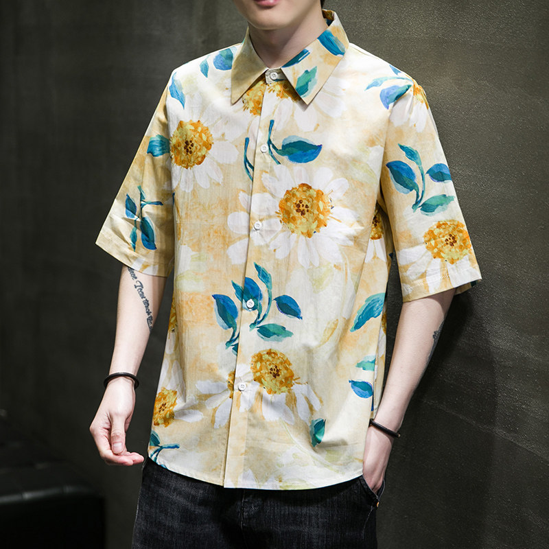大码短袖衬衫免烫宽松潮花衣服夏休闲刺绣T恤QT4066-T2118,男装衬衫,电商A227