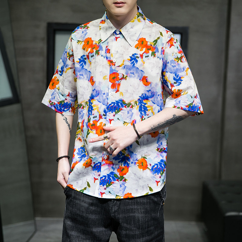 大码短袖衬衫免烫宽松潮花衣服夏休闲刺绣T恤QT4066-T2118图片
