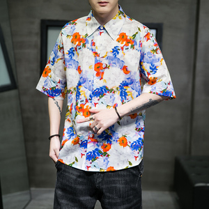 大码短袖衬衫免烫宽松潮花衣服夏休闲刺绣T恤QT4066-T2118图片