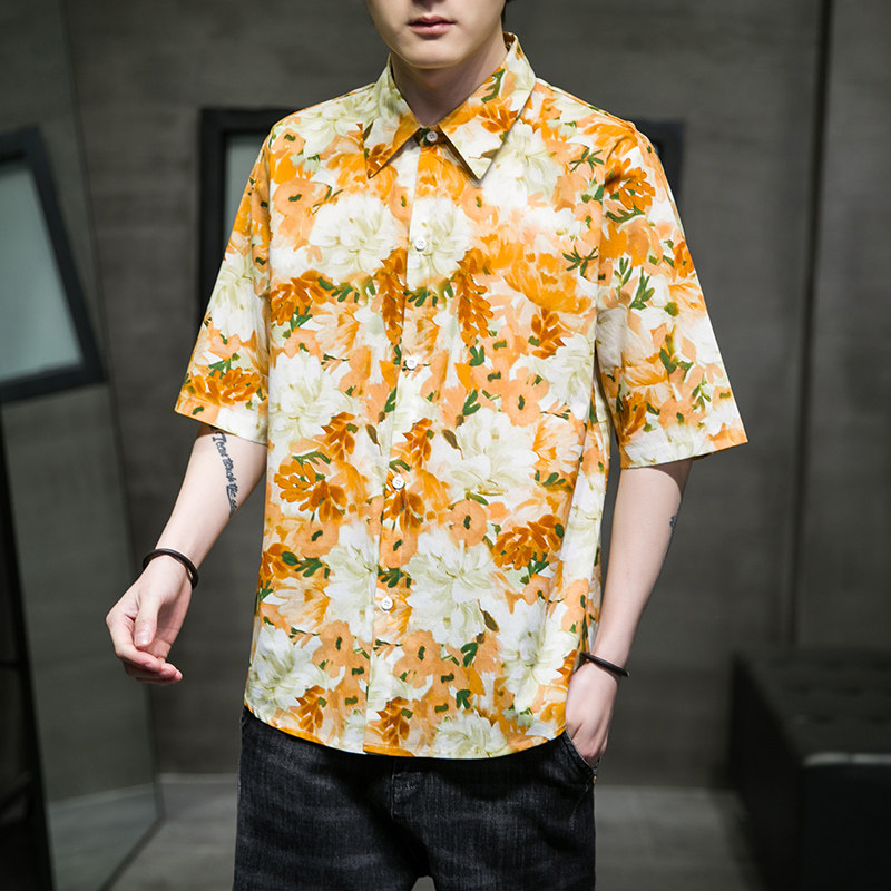 大码短袖衬衫免烫宽松潮花夏款休闲刺绣T恤QT4066-T2118-P55,男装衬衫,电商A227