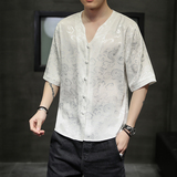 男士夏季短袖T恤棉麻风大码潮印花刺绣透气QT4066-T102，男装T恤，电商A227