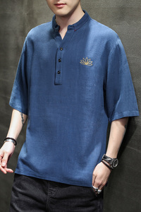 男士夏季短袖T恤棉麻风大码潮印花刺绣透气QT4066-T105图片