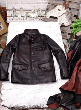 茶芯马皮小兜盖司闸员手工擦色做旧美式复古头层马皮真皮皮衣