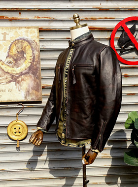 J100茶芯马皮头层真皮日系咔叽复古真皮皮衣男短款休闲简约立领