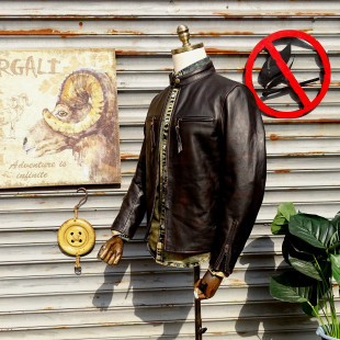 休闲简约立领 J100茶芯马皮头层真皮日系咔叽复古真皮皮衣男短款