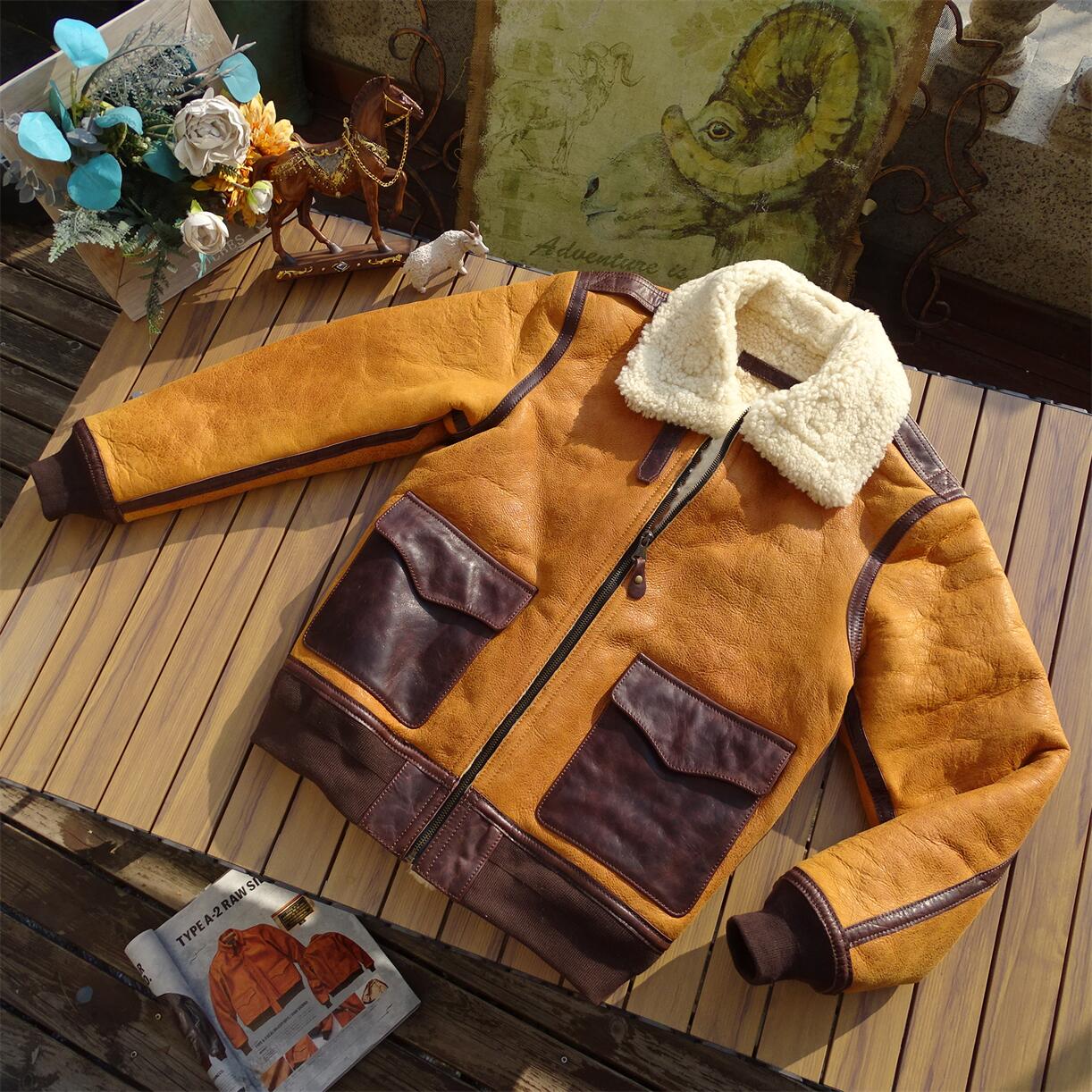 【一眼惊艳】落日黄色原生态羊皮毛一体大码飞行员A2空军皮衣