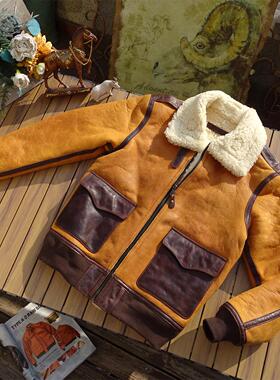 【一眼惊艳】落日黄色原生态羊皮毛一体大码飞行员A2空军皮衣