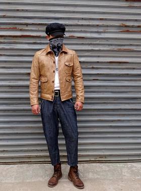 桑尼亲选福利 烟草牛皮复古三兜咔叽风格真皮皮衣男
