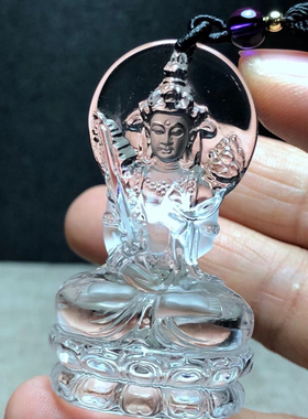 属兔天然白水晶文殊菩萨吊坠本命佛文殊菩萨座骑狮子53x30mm 30克