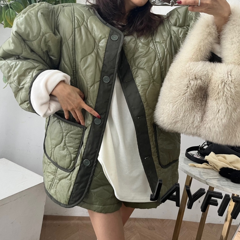 韩国ins菱形格波浪纹内里绒毛加厚棉服外套+宽松夹棉短裤两件套装
