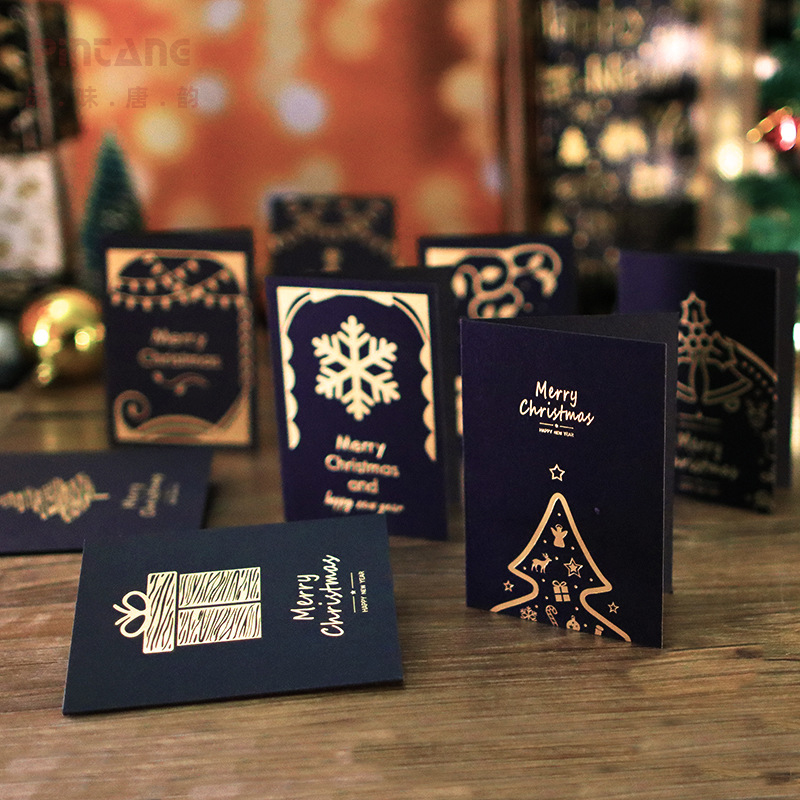 圣诞节小贺卡片咭批发新年创意儿童圣诞烫金贺卡节日留言祝福卡异域风情黑卡手写奢华新年小卡带信封