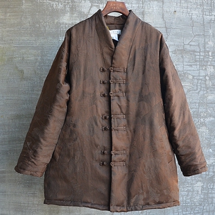 冬季男装棉衣锦鲤戏莲提花棉花加厚棉袄御寒棉服复古国风中长棉服