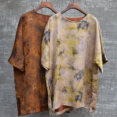 三世一木圆领香云纱短袖衬衫