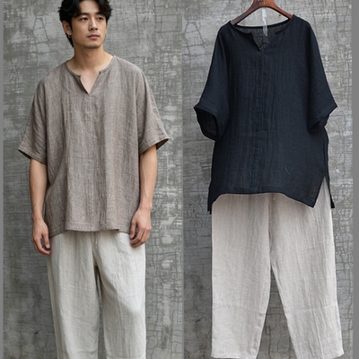 三世一木夏季亚麻男装短袖套装