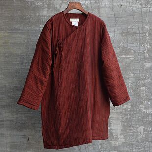女装冬季无领复古中国风中长亚麻棉衣棉服大襟棉花短袍保暖文艺仙