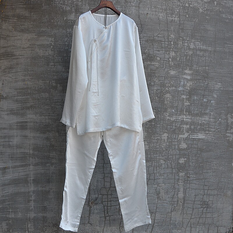 중국 스타일 남성용 아세테이트 매끄러운 광택 칼라리스 빅 브레스트 셔츠와 바지 투피스 세트 전국 트렌드 멋스럽고 패셔너블함