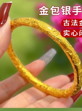 金包银手镯古法金色吉言宽版女款实心闭口金黄色錾刻百搭送妈妈