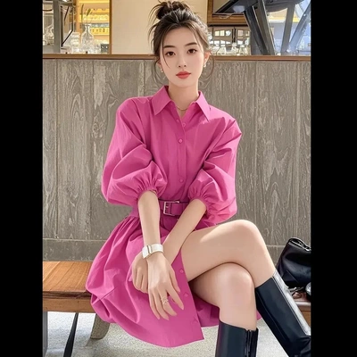 女装连衣裙2025年春季轻奢高级感小众玫红色翻领法式复古香槟金