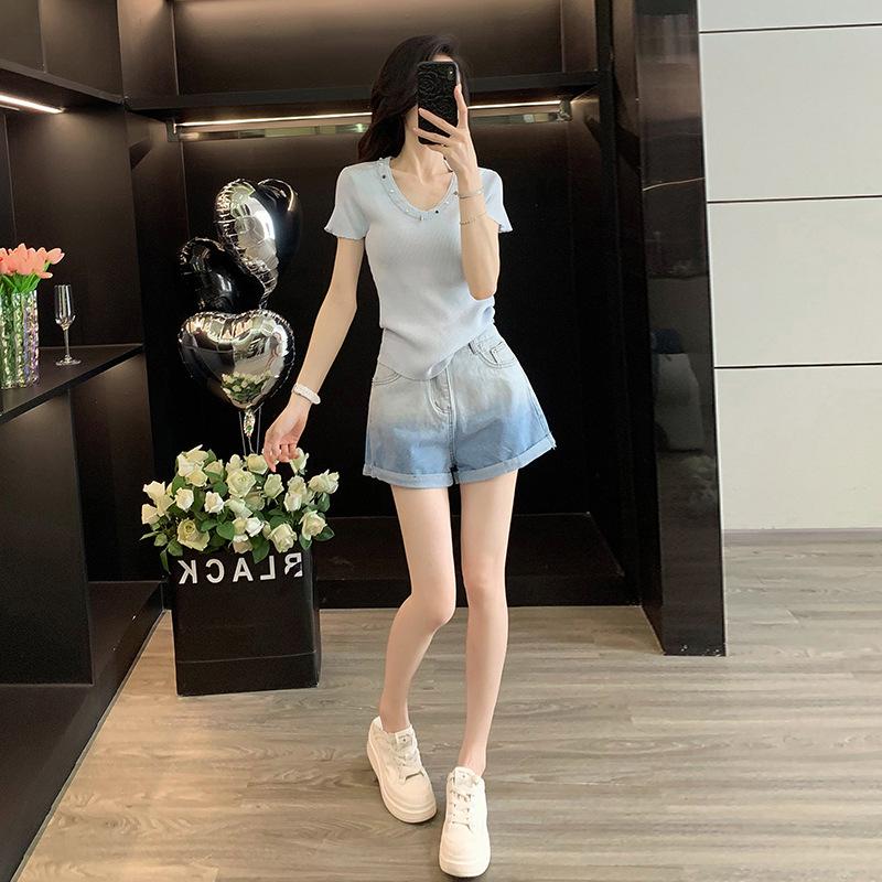 女装夏装套装2025新款爆款V领正肩修身短袖针织上衣渐变牛仔短裤