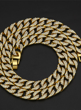 欧美嘻哈Bling18K金AA超闪水钻 古巴链霸气满钻项链街舞潮人 男女