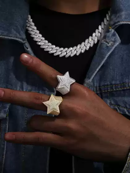 Micro-Inlaid Zircon Star Ring, Double-Layered Five-Pointed Star Ring, Full Diamond Hip-Hop Trendy Ring, Personalized Rap Jewelry