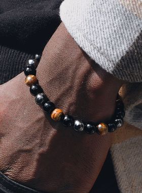 faza天然黑曜石虎眼石手链男款黑胆石手串男士能量石男女弹力手链