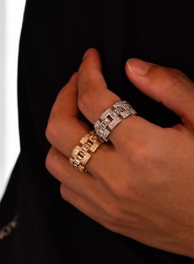 Ice ring满钻表带型戒指冰糖状AAA锆石嘻哈男女同款指环时尚配饰