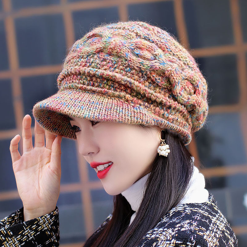 枝花小沿女秋冬羊毛针织帽百搭优雅短沿编织毛线帽中老年护耳帽子