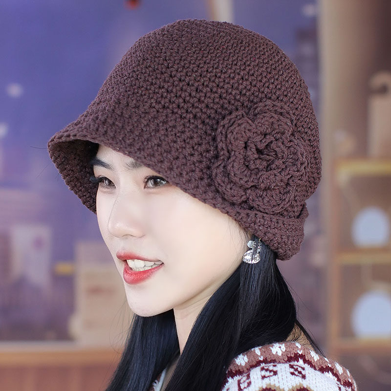 毛线帽子女秋冬季后翻边手工粗线钩花包头帽韩版时尚套头针织桶帽