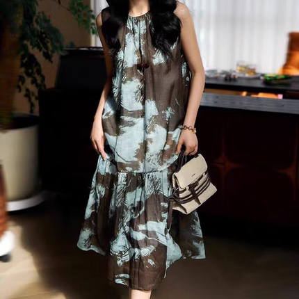 法式无袖印花苎麻连衣裙女夏长款松弛感度假风气质显瘦中长裙26新